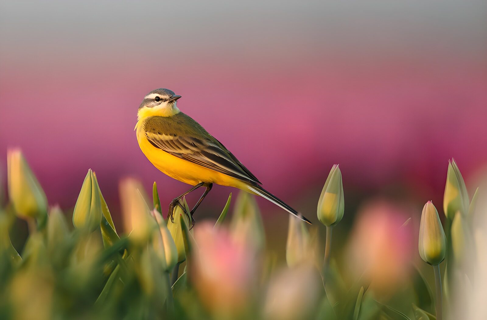 TP47486: Gele Kwikstaart tussen Tulpen